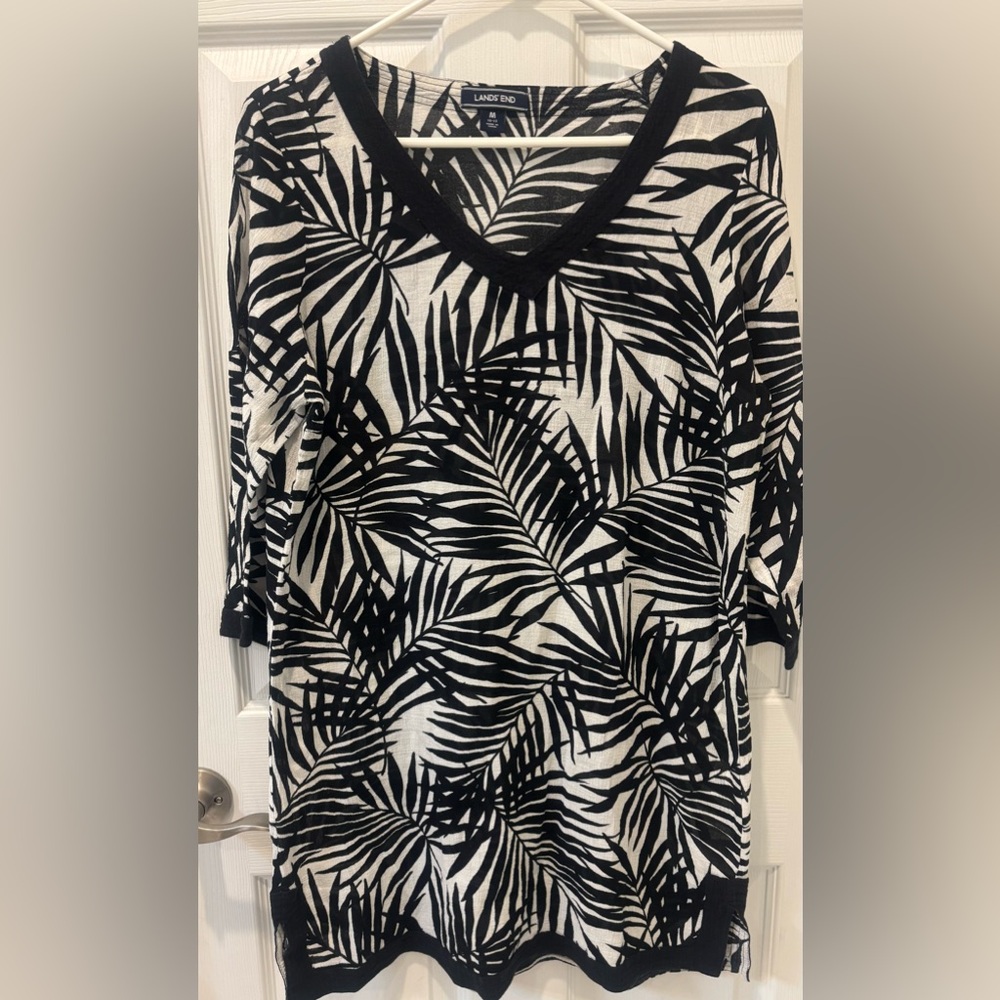 Lands' End Monochrome Leaf Pattern Swim Suit Cover Up